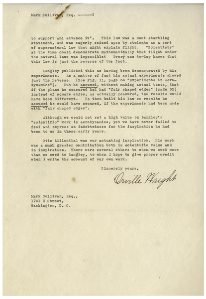 Outstanding Orville Wright Letter Signed -- ''...human flight was generally looked upon as an impossibility, and that scarcely any one believed in it until he actually saw it with his own eyes...''